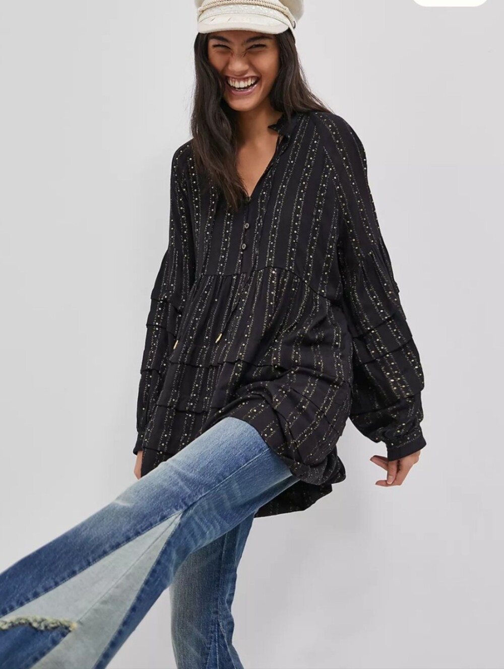 Anthropologie Quinn Sequined Tiered Tunic Blouse Size M Black Holiday Boho
